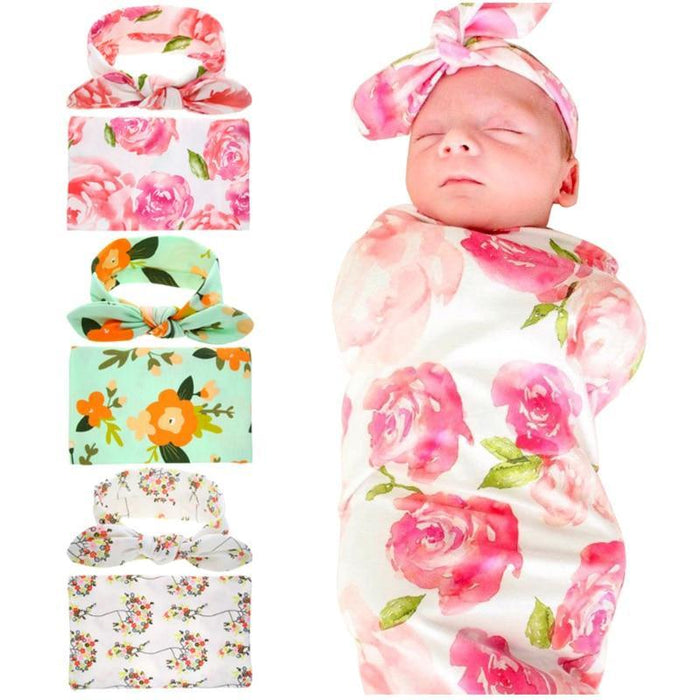 100% Organic Cotton Baby Swaddle Wrap With Headband - Multiple Designs