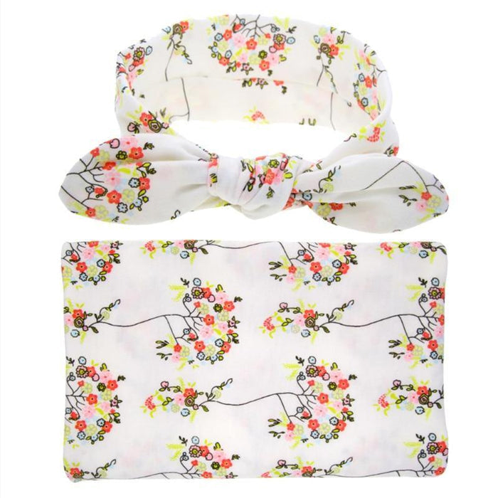 100% Organic Cotton Baby Swaddle Wrap With Headband - Multiple Designs
