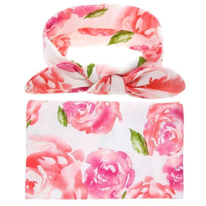 100% Organic Cotton Baby Swaddle Wrap With Headband - Multiple Designs