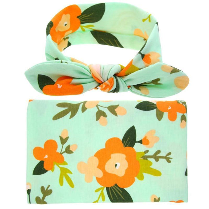 100% Organic Cotton Baby Swaddle Wrap With Headband - Multiple Designs