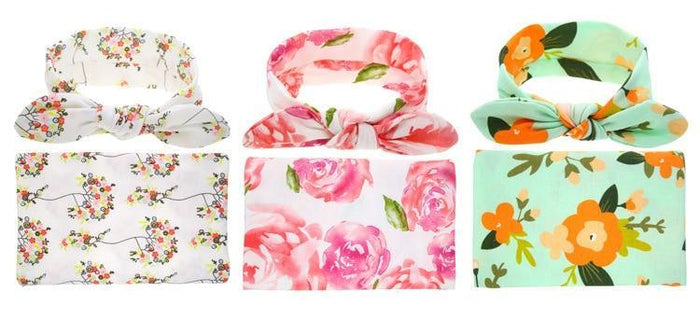 100% Organic Cotton Baby Swaddle Wrap With Headband - Multiple Designs
