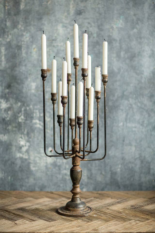 13-Candle Iron Candelabra – Rustic Bronze Taper Candle Holder with Arched Arms