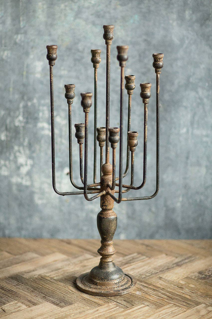 13-Candle Iron Candelabra – Rustic Bronze Taper Candle Holder with Arched Arms