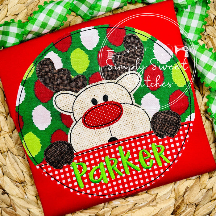 2186 - BOY REINDEER PEEKER - APPLIQUE CHILD SHIRT