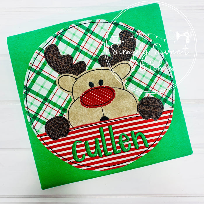 2186 - BOY REINDEER PEEKER - APPLIQUE CHILD SHIRT