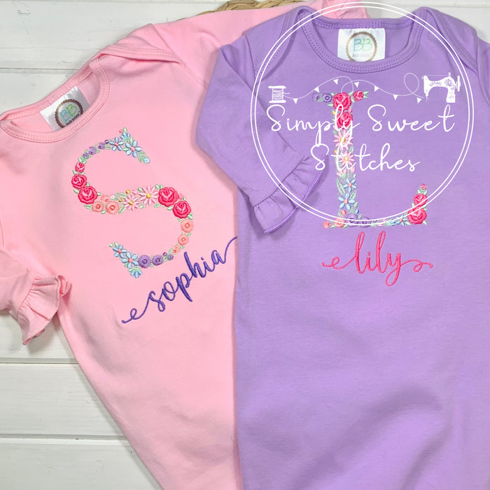 2413 - FLORAL INITIAL - EMBROIDERY BABY GOWN