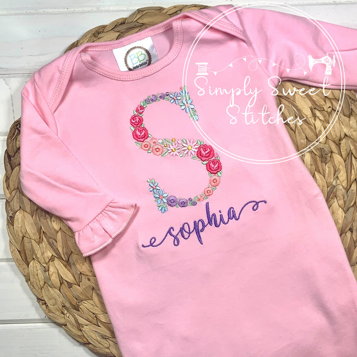 2413 - FLORAL INITIAL - EMBROIDERY BABY GOWN