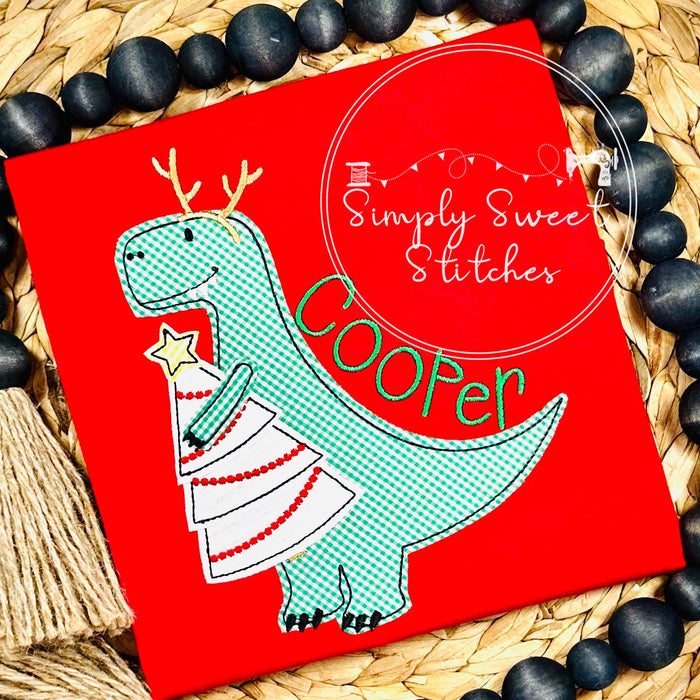 2434 - CHRISTMAS DINOSAUR WITH TREE - APPLIQUE CHILD SHIRT