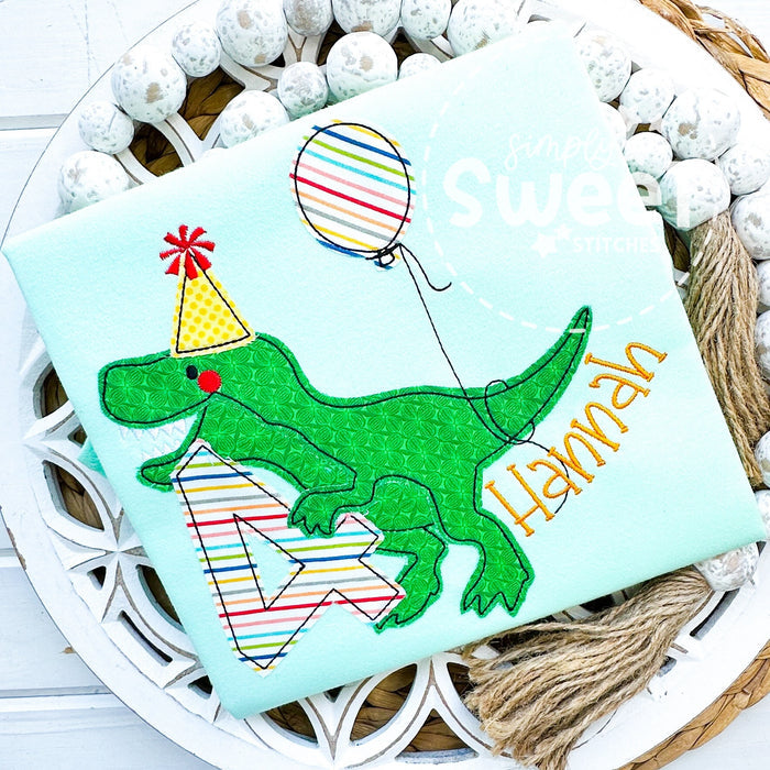 2447 - T-REX DINOSAUR BIRTHDAY NUMBER WITH BALLOON - APPLIQUE CHILD SHIRT