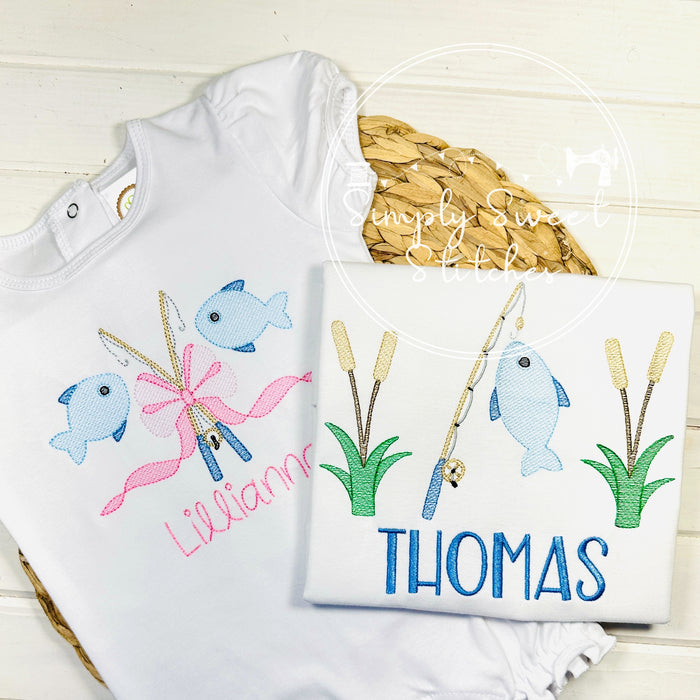 2515 - FISHING POLES WITH BOW - SKETCH CHILD SHIRT
