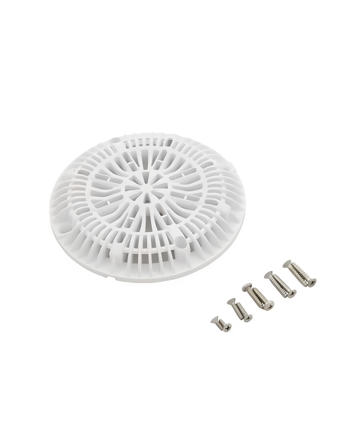8" Round White Round Anti-Vortex Main Drain Flat Frame and Grate, Gunite