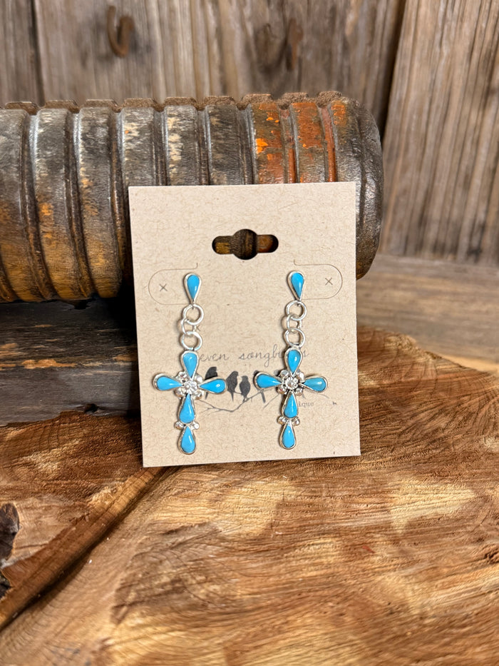 Turquoise cross stud earrings with silver links and blue teardrop stones