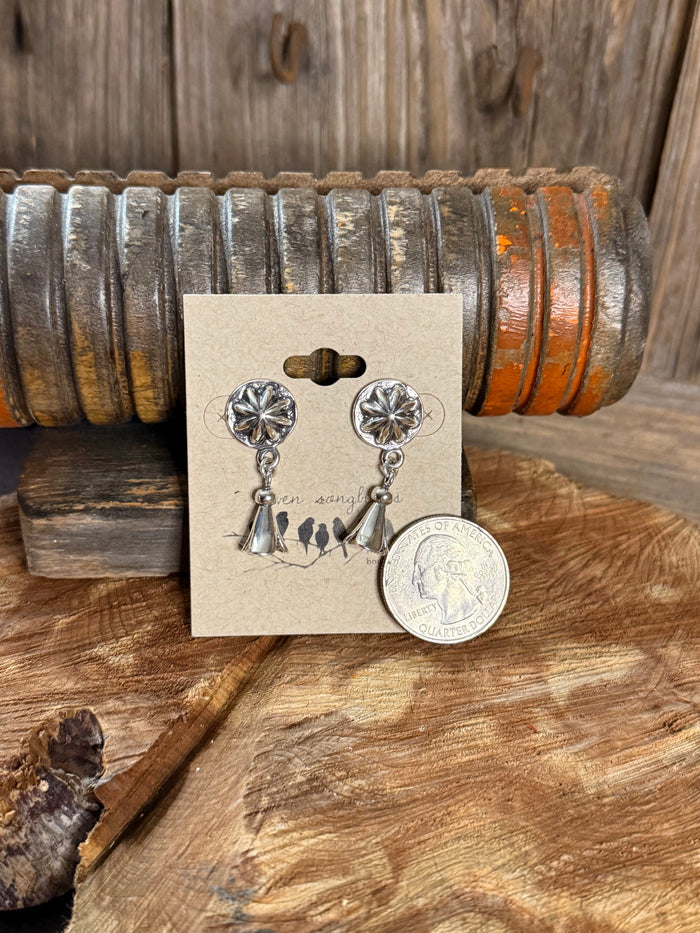 Sterling silver concho squash blossom stud earrings with etched flower conchos and dangling charms