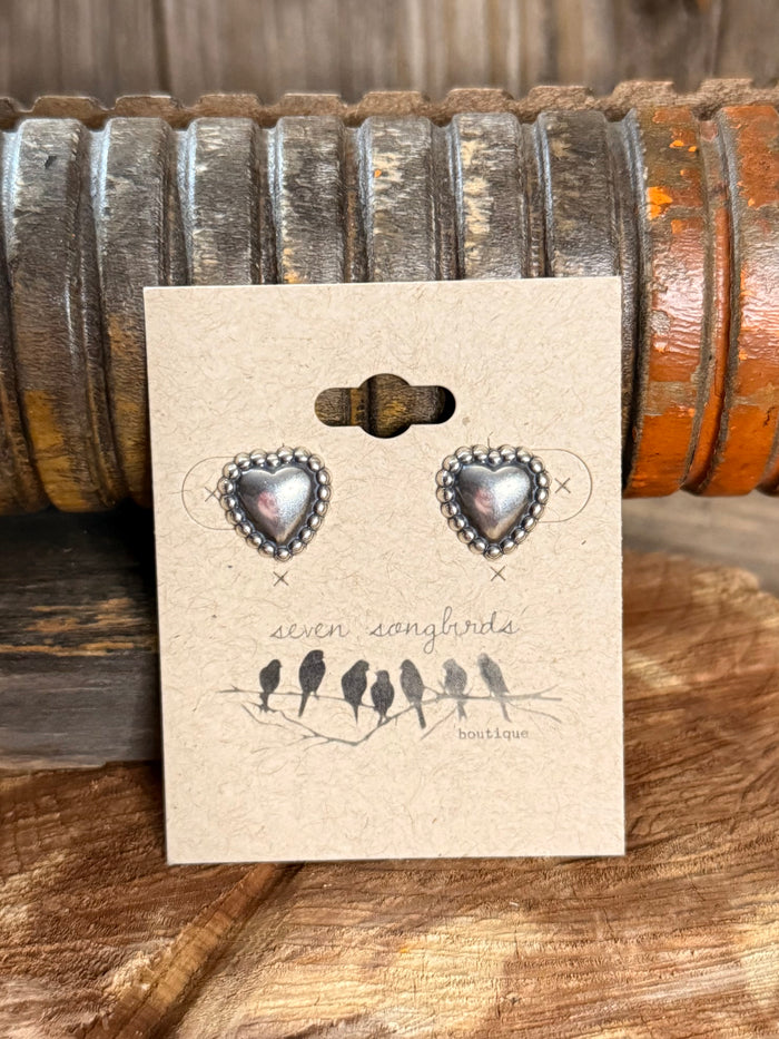 Sterling silver heart concho stud earrings, pair with textured dark border enamel hearts