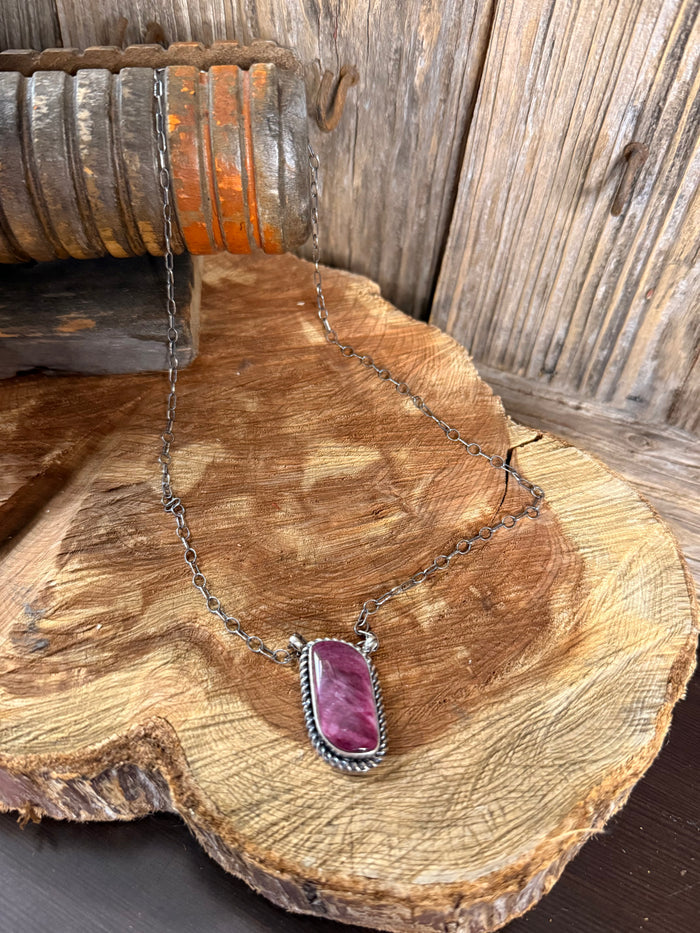 Silver-tone 18-inch necklace with purple spiny oyster teardrop pendant