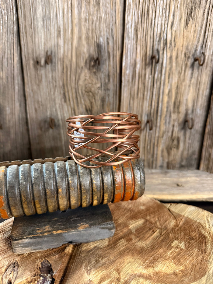 Copper wire cuff bracelet with twisted lattice design