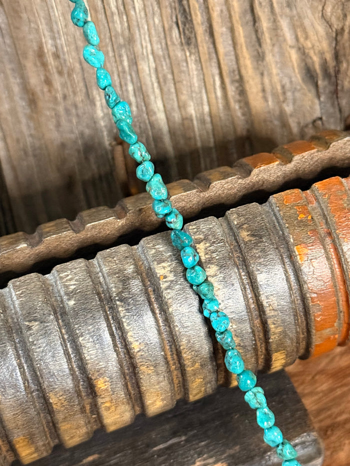 Turquoise bead strand necklace with silver clasp, close-up view.