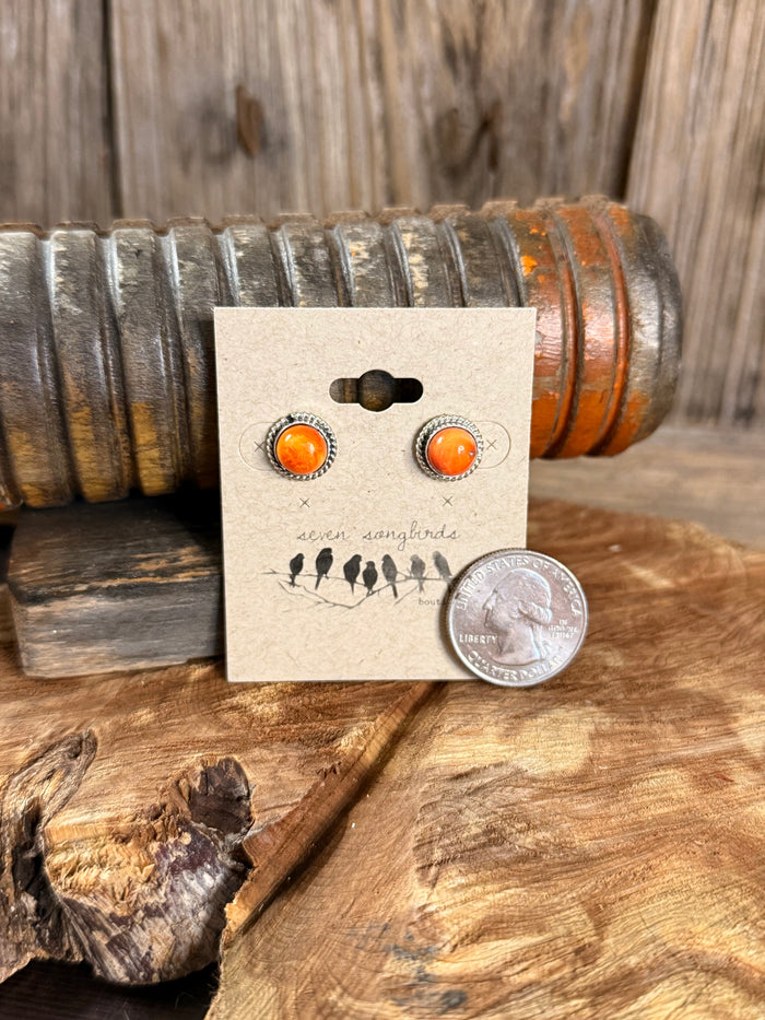 Orange spiny oyster stud earrings with silver-tone bezels, shown next to a coin for size