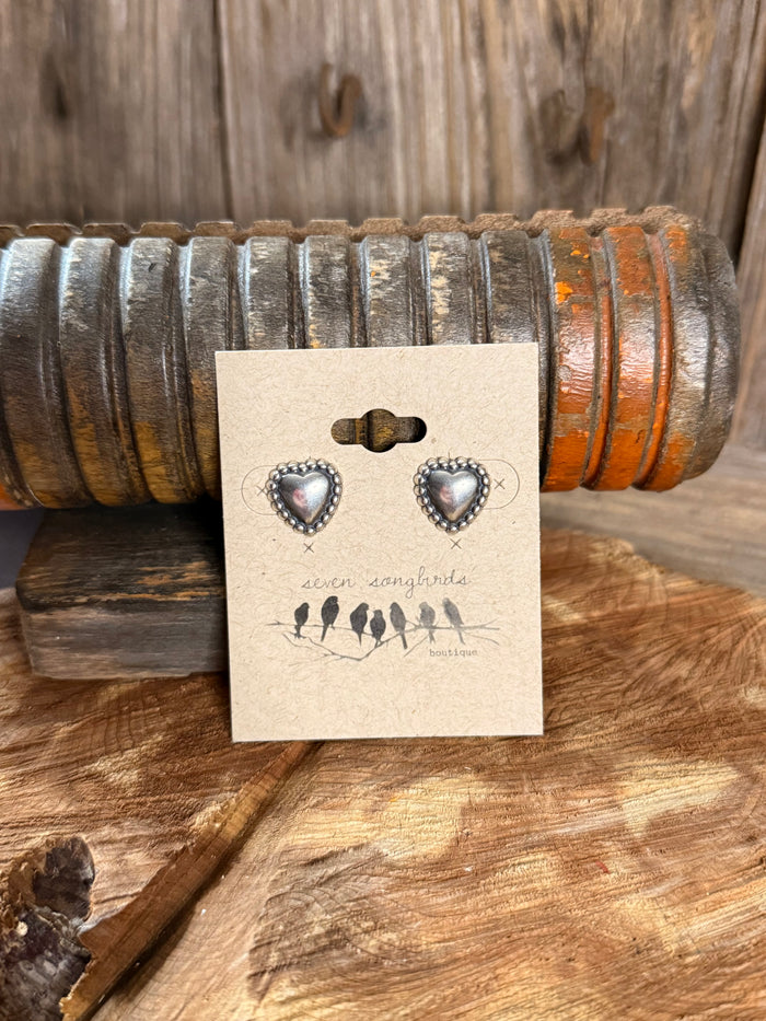 Sterling silver heart concho stud earrings, pair with blue-gray enamel heart centers