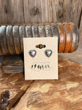 Sterling silver heart concho stud earrings, pair with blue-gray enamel heart centers