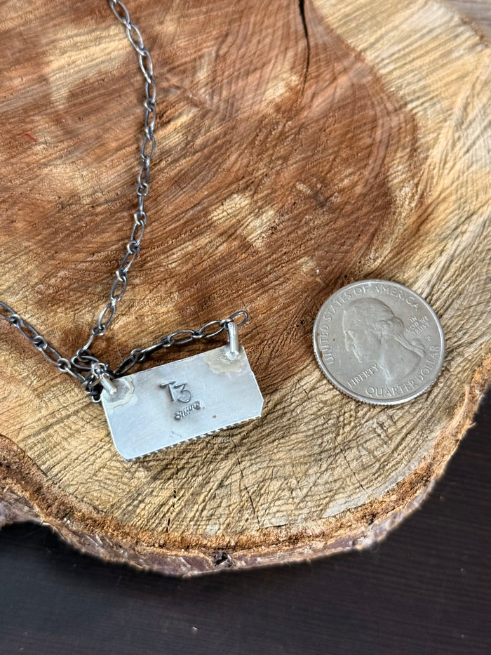 Turquoise bar necklace back with stamped silver plate pendant and silver chain