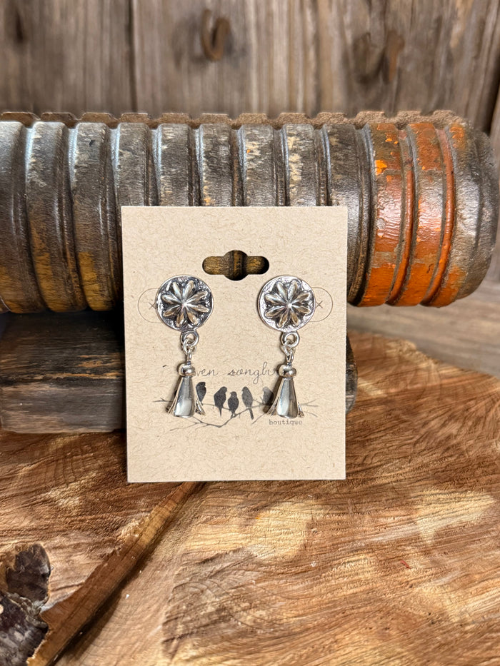 Sterling silver concho stud earrings with etched flower tops and dangling charms