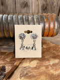 Sterling silver concho stud earrings with etched flower tops and dangling charms