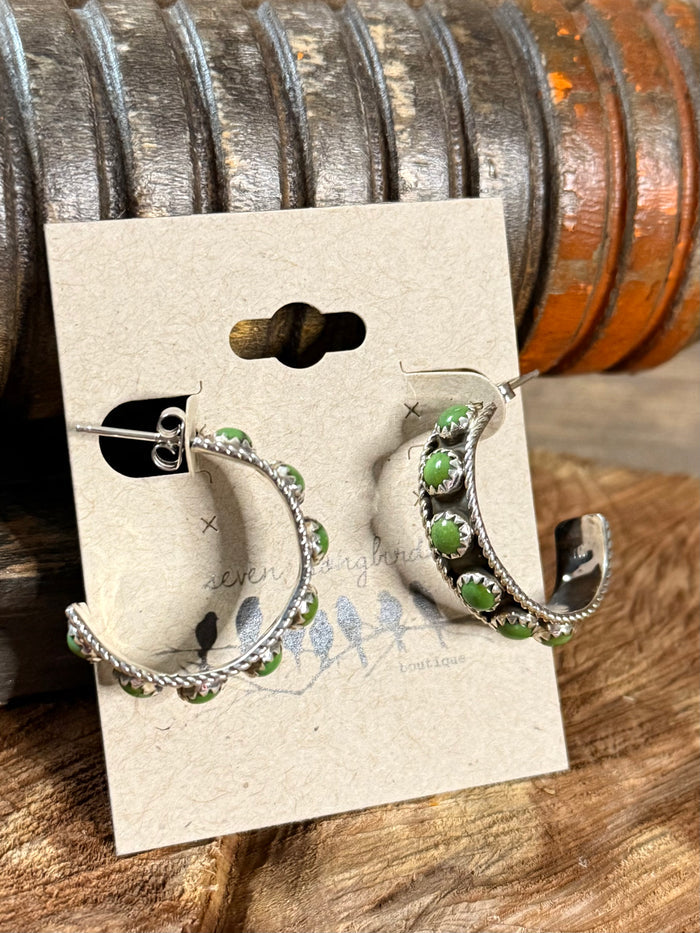 Native Made Sonoran Gold hoop stud earrings, green bead trim and textured silver finish