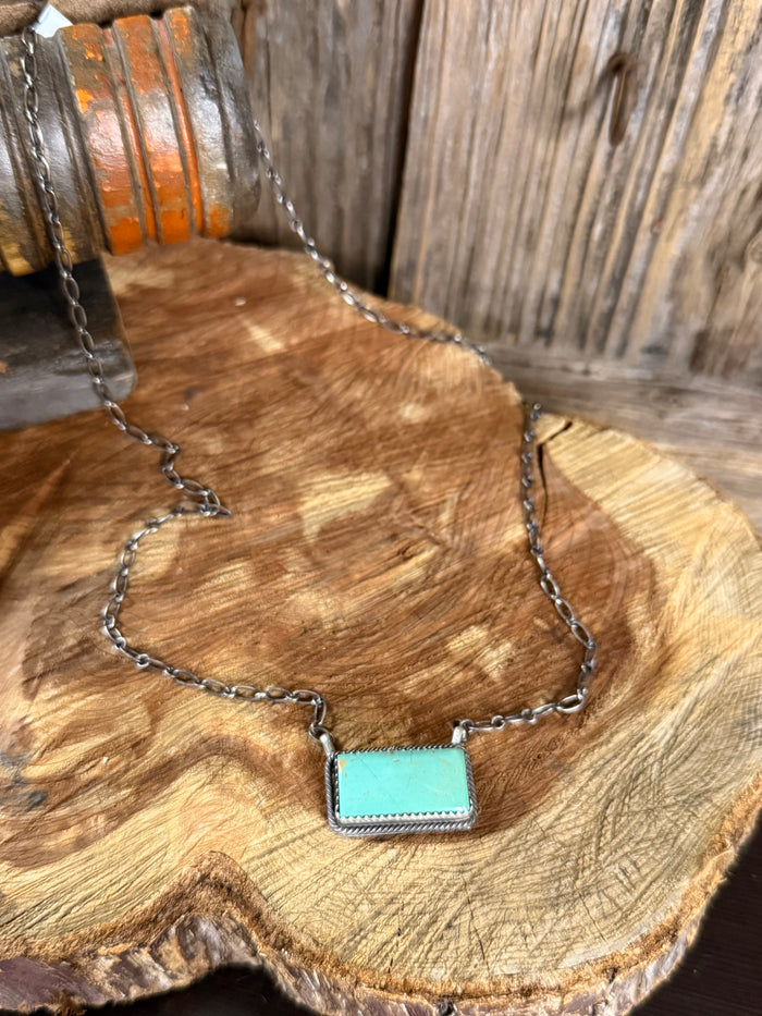 Silver chain necklace with turquoise rectangle bar pendant