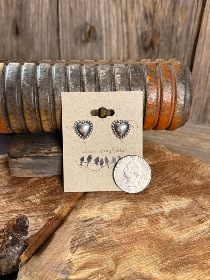 Sterling silver heart concho stud earrings, pair with enamel hearts; coin shows size