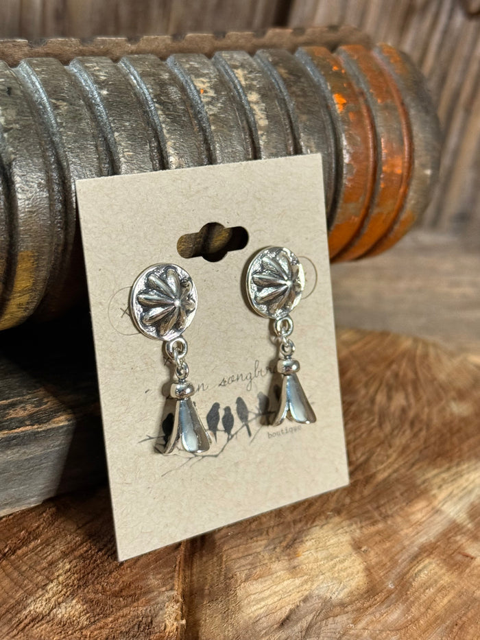 Sterling silver concho squash blossom stud earrings, circular flower tops with dangling charms