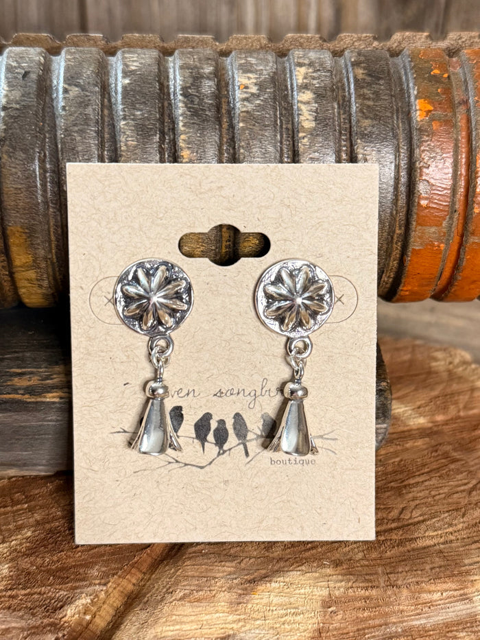 Sterling silver concho squash blossom stud earrings with flower discs and hanging charms