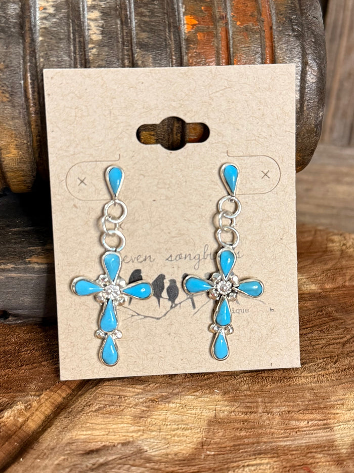 Turquoise cross drop earrings with silver chain and blue teardrop accents