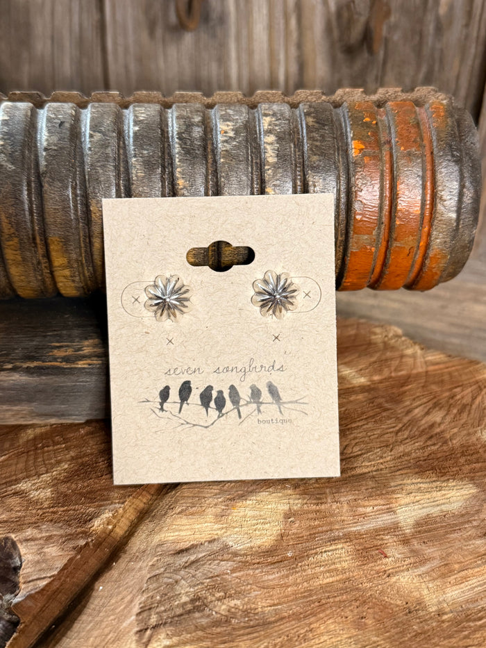 Small sterling silver stud earrings with starburst flower design on backing card