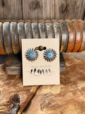 Sterling silver concho stud earrings with turquoise blue center, flower-like discs