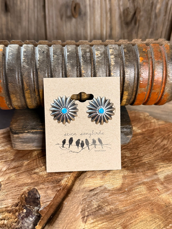Sterling silver concho stud earrings with turquoise blue center, flower-like discs