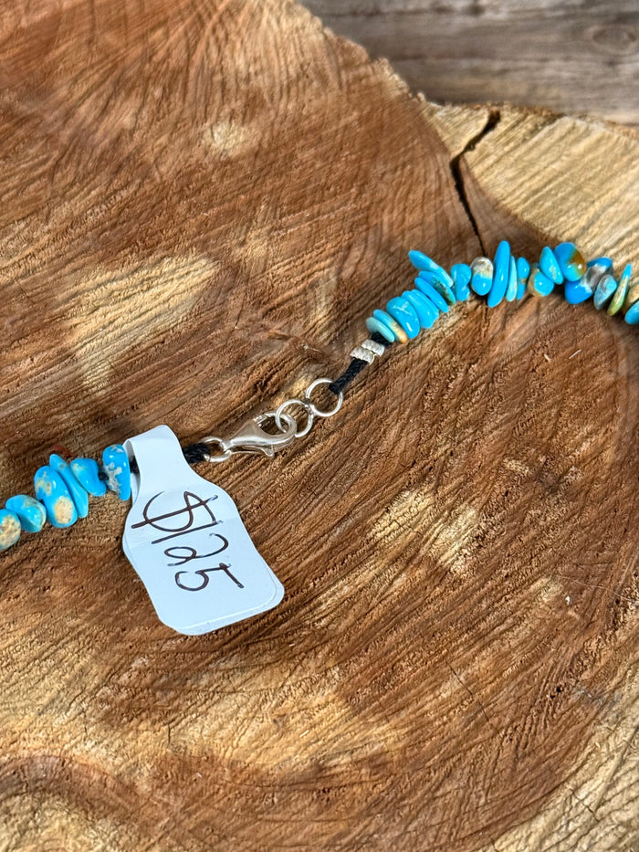 Turquoise chip bead necklace with lobster clasp and small tag