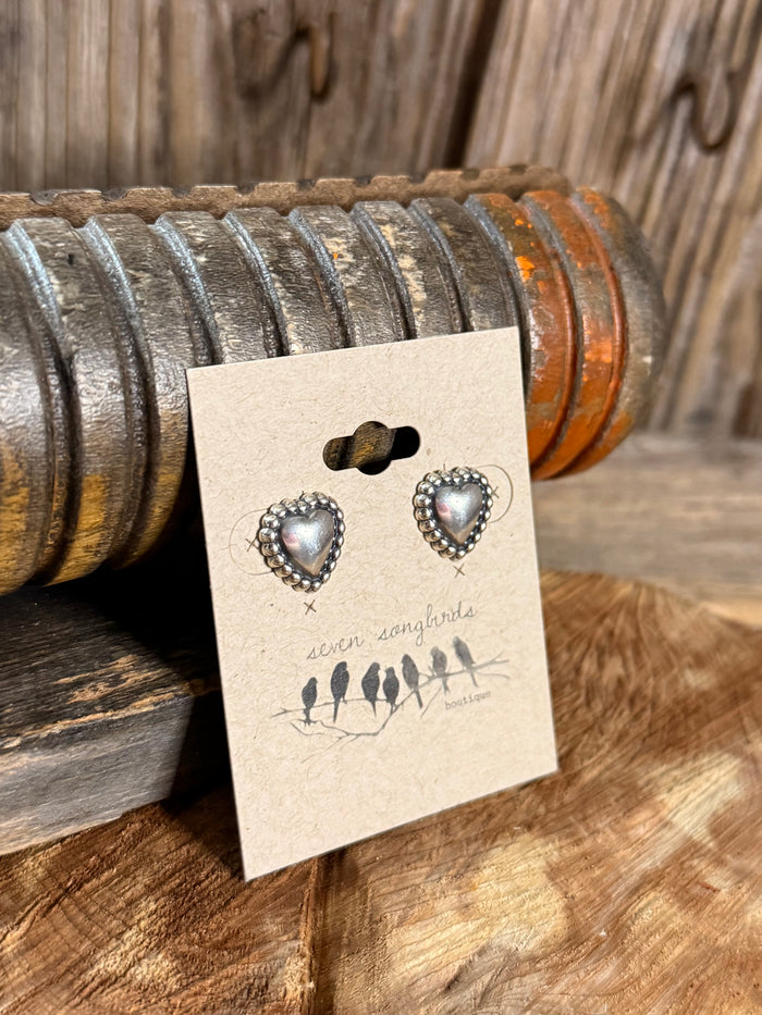 Sterling silver heart concho stud earrings, pair of heart studs with dark rim enamel