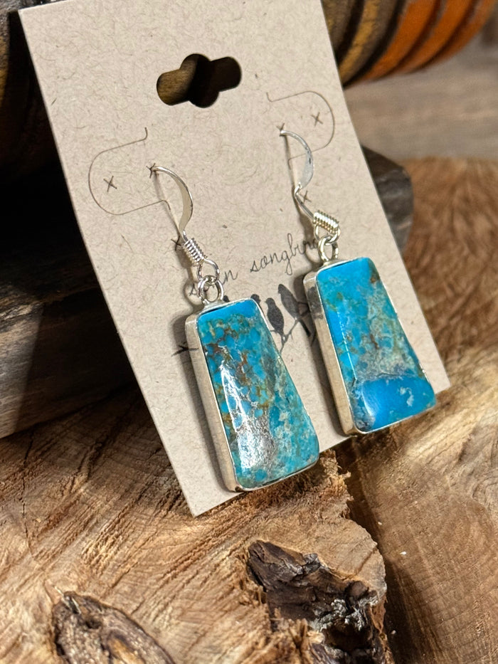 Turquoise slab fishhook earrings viewed from side, silver-tone hooks and bezel details