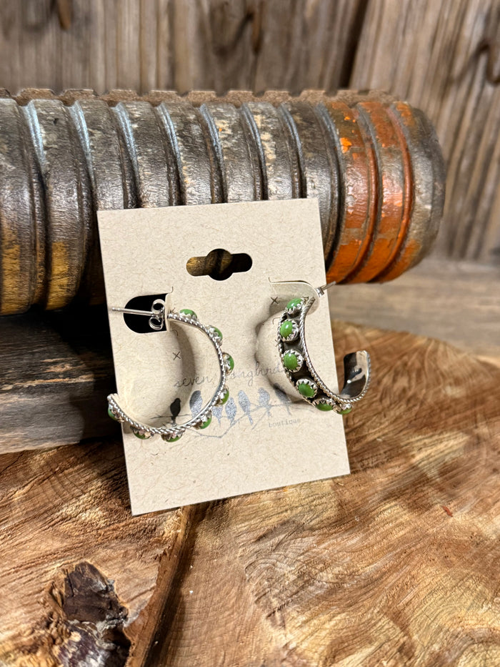 Native Made Sonoran Gold hoop stud earrings with green bead accents on silver hoops