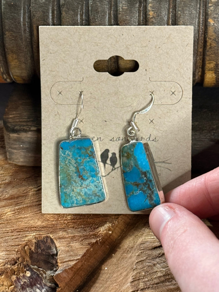 Turquoise slab fishhook earrings on cards, silver-tone hooks with textured blue stone