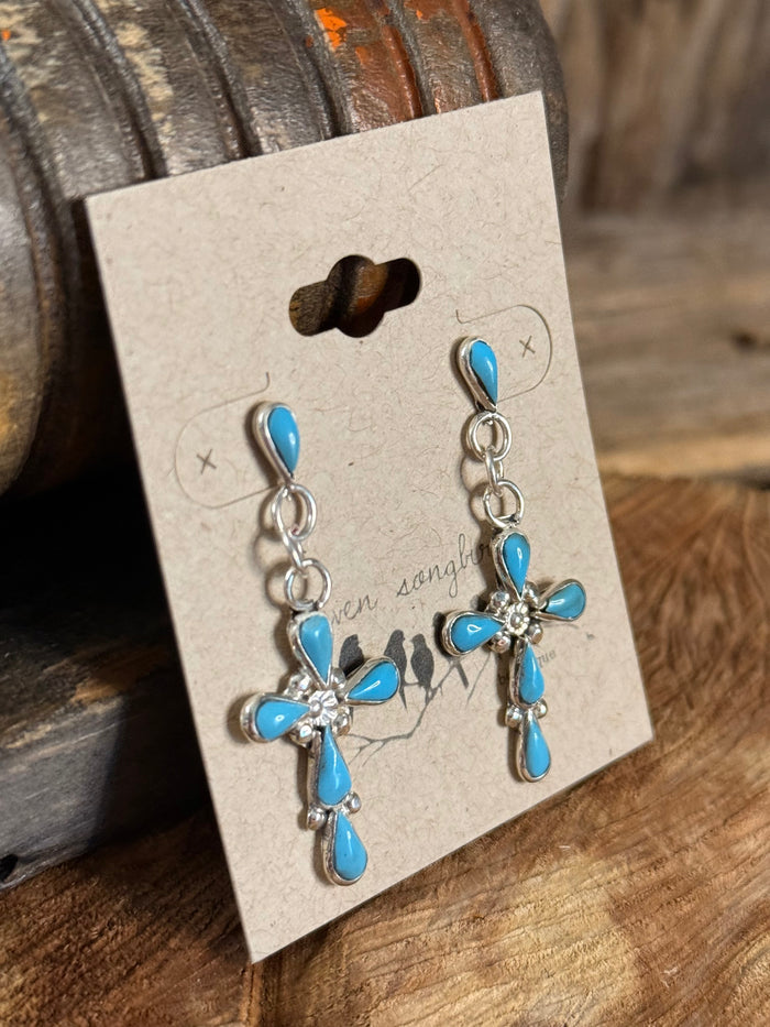 Turquoise cross stud earrings with dangling blue drops and silver settings