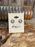 Round silver stud earrings with pearl-like center and bead border