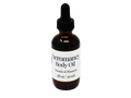 brown glass dropper bottle with white label that reads: aeromancy body oil. pomelo & plumeria. 2fl/ 59 ml