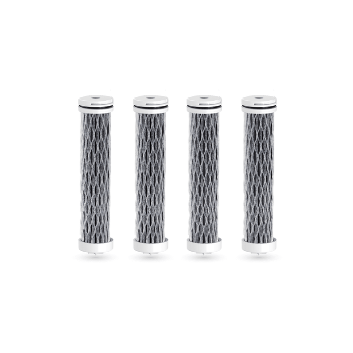 Four cylindrical filters with honeycomb pattern on a white background