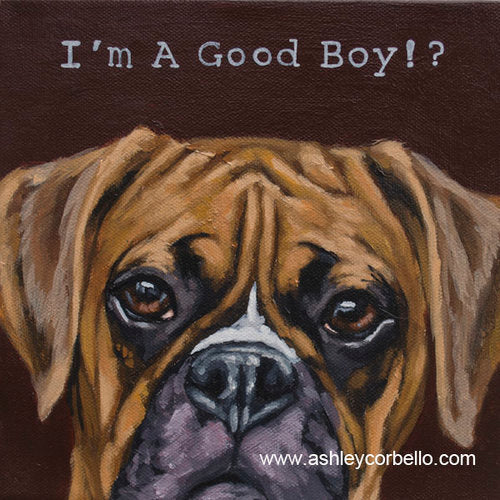 Ashley Corbello - 6"x 6" Woodblock Print - "I'm a Good Boy?!"