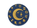 deep blue circular bath bomb air brushed with gold moon and stars surrounded by astrology symbols