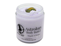 purple Astrology Body Butter packaged in a glass jar and topped with a green aventurine Gemini astrology crystal