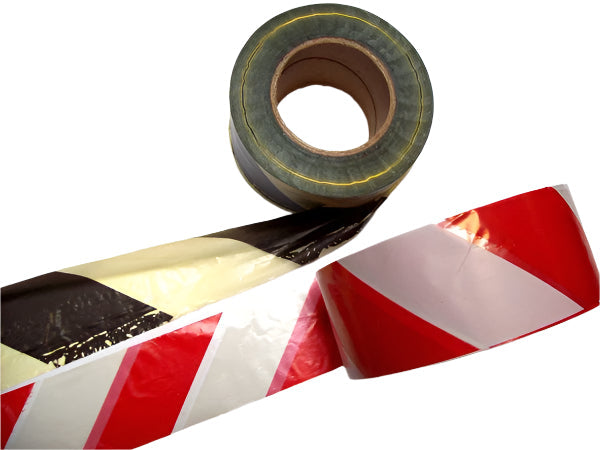 500m roll of polythene safety tape, with either black/yellow or white/red diagonal stripes
