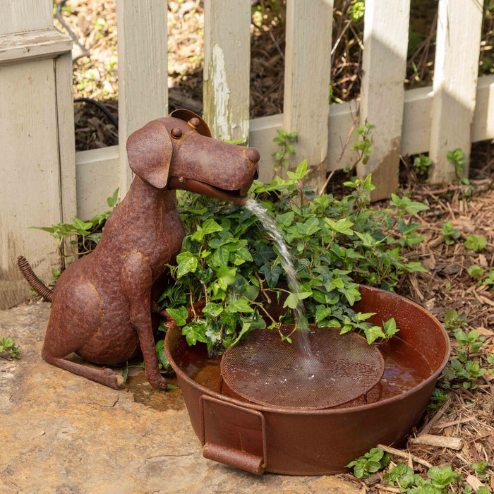 Best friend dog fountain side view showing durable weather-resistant metal construction with submersible pump and splash screen included at GoodStuff Co